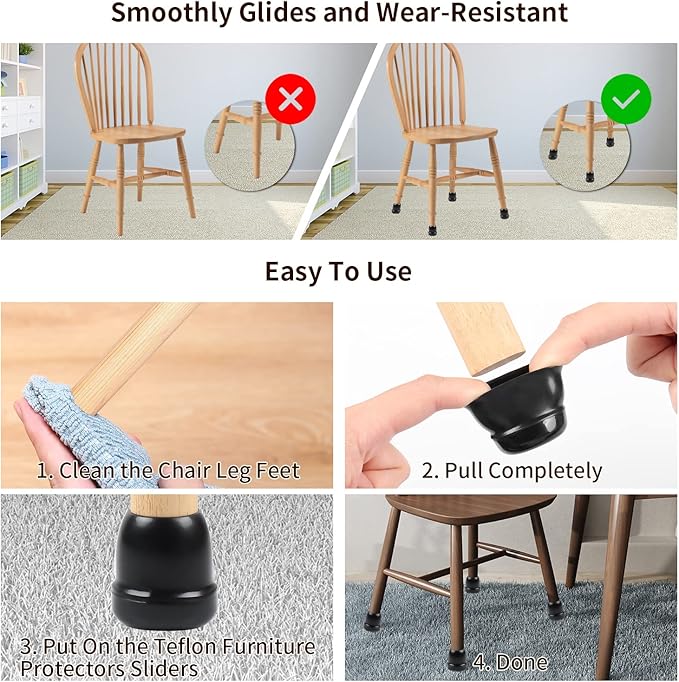 Ezprotekt 24 Pcs Chair Sliders for Carpet, Chair Glides for Carpet, Round Carpet Teflon Furniture Pads, Bar Stool Leg Protectors Caps, Furniture Sliders for Table, Chair (L Fit: 1-1/10" to 1-3/10")