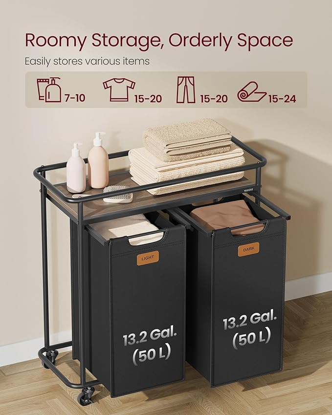 VASAGLE Laundry Sorter, Laundry Hamper with Wheels, 26.4 Gal. (100 L) Portable Rolling Cart Baskets with Shelf, 2 Removable Liners and 6 Labels, Ink Black and Chestnut Brown UBLH102BH01