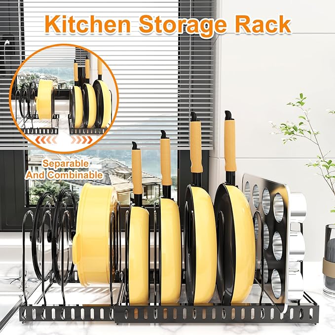 Pot and Pan Organizer Rack for Cabinet, Expandable Pot Lid Organizer Holder with 12 Adjustable Compartment for Kitchen Cutting Board, Pan Lid, Cabinet Cookware Baking