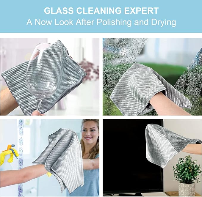 Niveaya Microfiber Glass Cleaning Cloth, Multi-Functional Reusable Lint Free Cloths, Stainless Steel Windshield Shower Window Cleaning Cloth, Suitable for Home, Kitchen and Auto, Pack 8,Mix