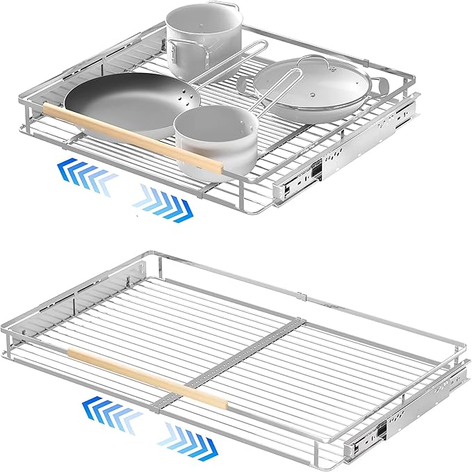 LOCVCDA Pull Out Shelves for Kitchen Cabinet, 17.1~28" W x 22.5" D Expandable Slide Out Drawers for Kitchen Organizers and Storage, Pull Out Cabinet Organizer, Stainless Steel, 2Pack