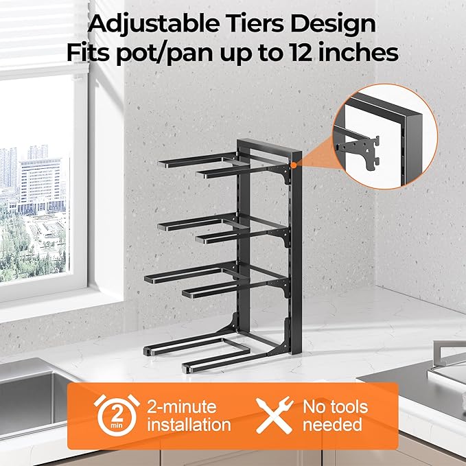 MUDEELA Pots and Pans Organizer under Cabinet 15.75" Tall, 4-Tier Heavy Duty Pan Organizers inside Cabinet Kitchen Storage, Adjustable Pot Rack Holds up to 88 LB Cast Iron Skillets Shallow Cookware