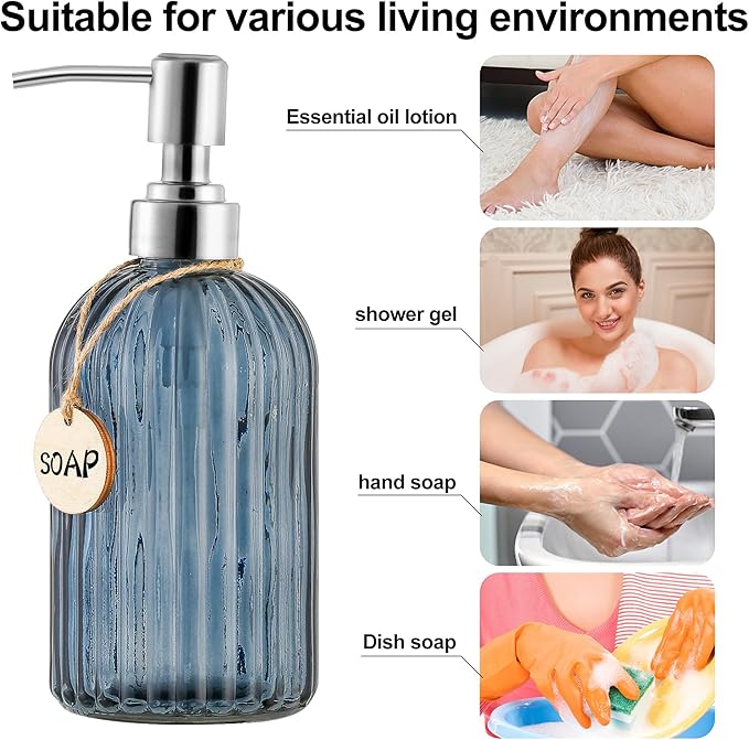 16 OZ Soap Dispenser，Tempered Glass Clear Vertical Stripe with 304 Rust Proof Stainless Steel Pump Refillable Liquid Hand Soap Dispenser，for Bathroom, Kitchen, Dish Soap，Lotion (Blue Grey)