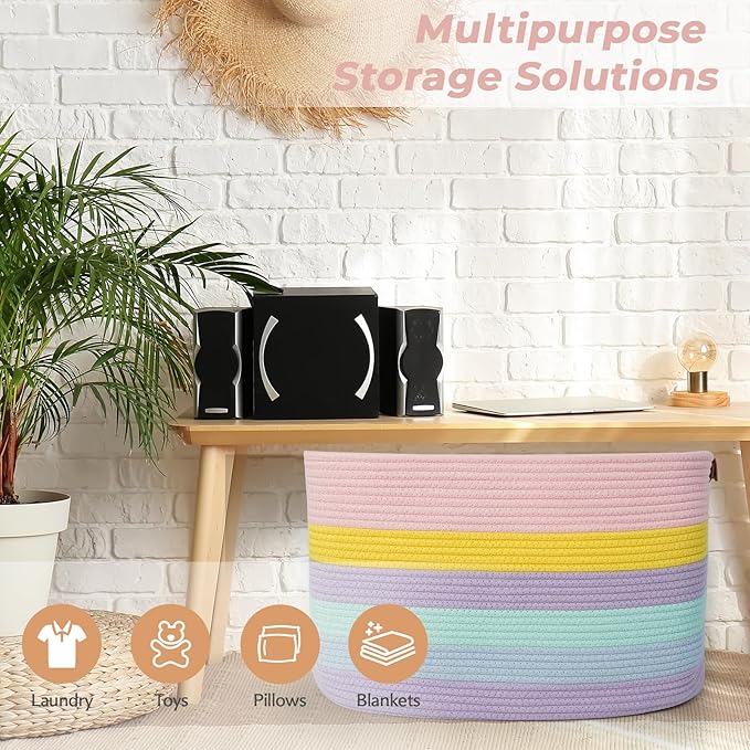 danpinera Large Laundry Basket, 108L Rectangle Woven Baskets for Storage for Living Room, Laundry, Nursery, Pillows, Baby Toy chest, Blanket Storage with Leather Handle, 25’’*16’’*16’’ Rainbow
