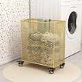 Gold Metal Laundry Basket with Wheels, Rolling Laundry Hamper Cart Gold Mesh Laundry Clothes Sorter Storage Cart Organizer Shelf Basket Durable for Laundry Room