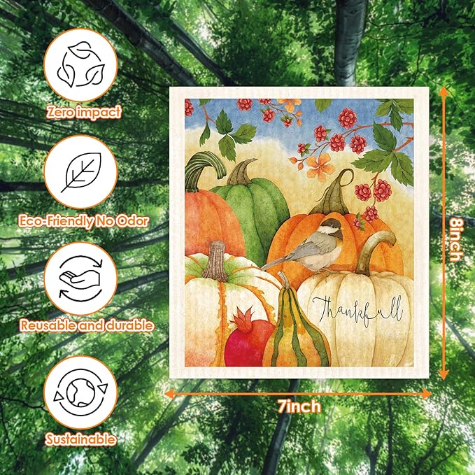 Morigins Mixed Autumn Pumpkin Swedish Kitchen Dish Cloths Reusable, Absorbent Hand Towels for Kitchen Quick Drying Cleaning Cloths Cellulose Sponge Cloth