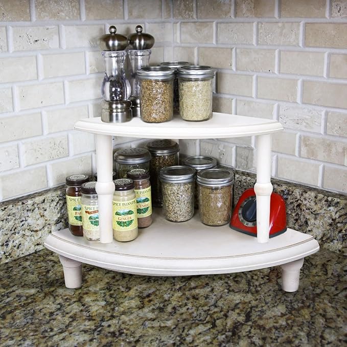 Defined Deco Kitchen Countertop Organizer-2 Tier Stackable Corner Shelf-White Bathroom Counter Organizer-Farmhouse Display Riser,Storage Pedestal Stand for Kitchen Counter Decor,Bathroom Storage Decor