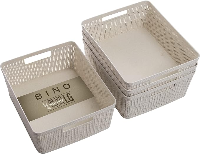 BINO - Woven Plastic Basket, Medium (Natural), 4-Pack, The Jute Collection, Home Organization, Space-Saving Storage, Stylish Design, Jute Basket
