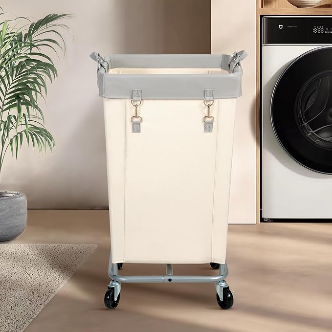 STO STO Laundry Hamper with Wheels, 160L Rolling Laundry Sorter Cart with Heavy Duty Steel Frame, Large Clothes Hamper with Handles for Bedroom, Bathroom, Laundry Room, Beige and Gray