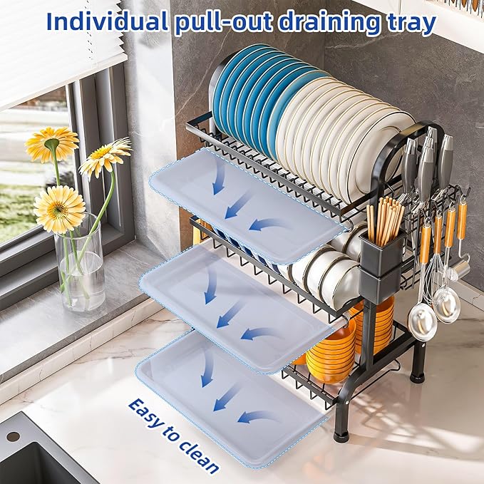 Dish Drying Rack 3 Tier Large Capacity Kitchen Dish Draining Rack Countertop Cultery Drainer with Drip Tray