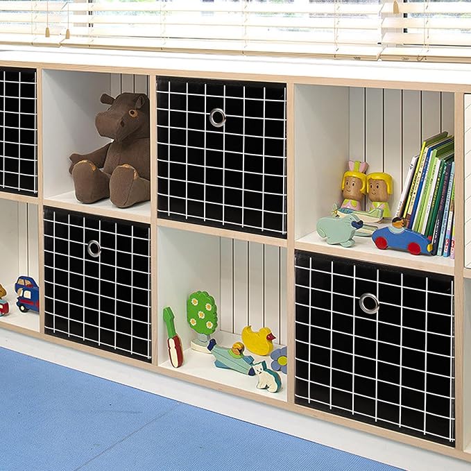 Foldable Storage Cubes Bins,11 Inch Cloth Storage Cube Fabric Storage Box Cubes Organizer Baskets with Dual Handles for Home Organizer Set of 3 (Black grid)