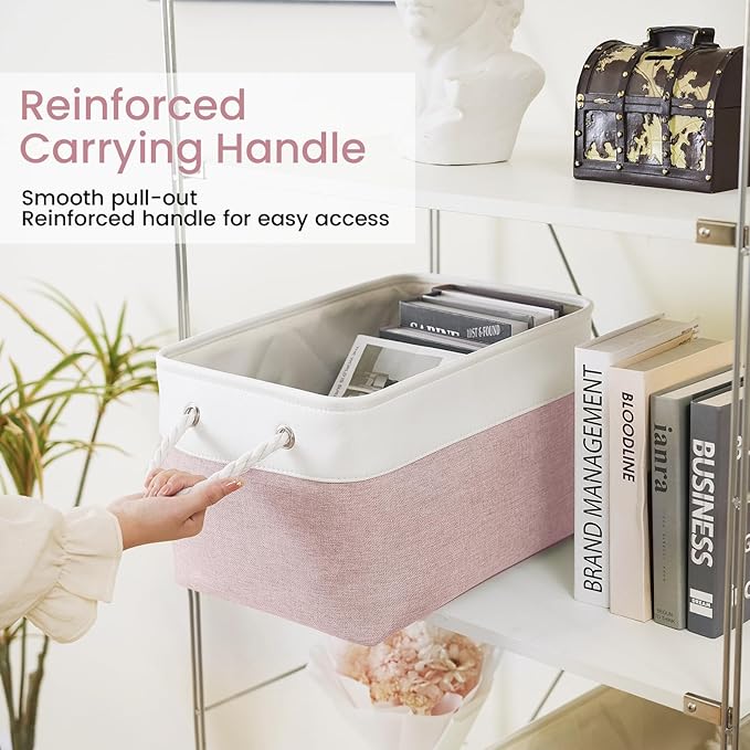 Large Storage Baskets- 15x11x10 inch Storage Bins for Shelves and Closet Organizing, Foldable Fabric Bin for Home Organization Clothes and Laundry (3-Pack, White&Pink)