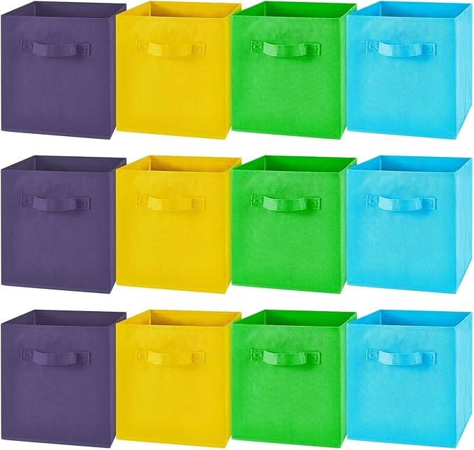 Yinder 12 Pcs Cube Storage Bin 11'' Storage Bins for Room Decor Colorful Bins Foldable Baskets for Nursery Organizer Boxes Fabric Boxes (Sky Blue, Green, Yellow, Dark Blue)