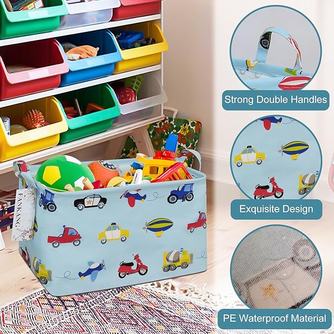 FANKANG Storage Basket,Nursery Hamper Canvas Laundry Basket Foldable with Waterproof PE Coating Storage, Office, Bedroom, Clothes,Toys (Rec-Car)