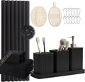 Resin Black Bathroom Sets, Black Bathroom Accessories Set with Shower Curtain, Bath Towel Set, Natural Loofah Sponge, Soap Dispenser, Toothbrush Holder, Bathroom Tumbler and Tray for Countertop