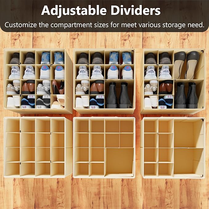 SUOCO 2 Pack Shoe Organizer for Closet, Fits up to 32 Pairs, Small Space Shoe Storage Boxes Bins Containers w/Adjustable Dividers and Clear Top, Black, Beige