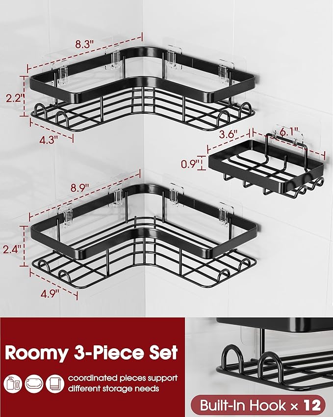 Corner Shower Caddy - 3-Pack Shower Organizer with Soap Holder & Built-In Hooks, Rustproof Metal Shower Shelves, Laundry, Kitchen, Bathroom Organizers and Storage Solution, Large, Black