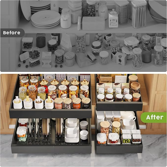 6 Pack Pull Out Cabinet Organizers 21" Deep With Raising Pad for Framed Cabinets, Expandable Slide Out Drawers with 4pcs Divider Racks, Roll Out Shelves, Adjustable Width 12"-20.45" Black