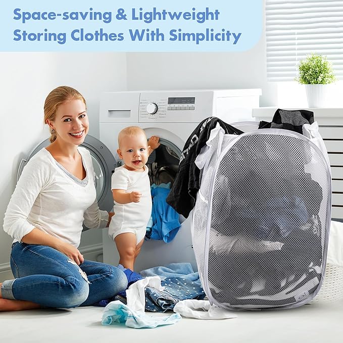 DUCOO Pop Up Hamper, 2 PCS Mesh Pop Up Laundry Hamper, Foldable Mesh Laundry Basket with Space Saving Design for Home, Dorm, Travel and Storage, White