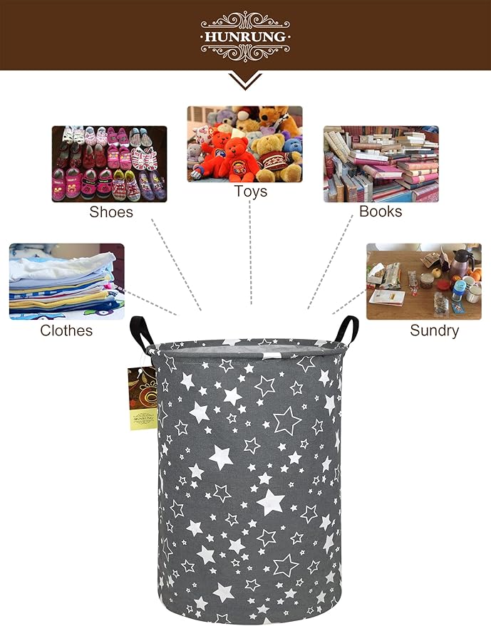 HUNRUNG Laundry Hamper,Large Canvas Fabric Lightweight Storage Basket Toy Organizer Dirty Clothes Collapsible Waterproof for College Dorms, Children Bedroom,Bathroom（Round star）