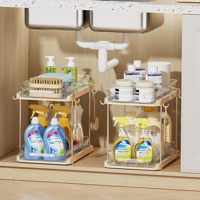 Delamu 2 Tier Bathroom Under Sink Organizers and Storage with Hook, Multi-Purpose Cabinet Drawers with Movable Dividers, Pull Out Organization for Countertop, Kitchen and Pantry(Wood Grain, 2 Pack)