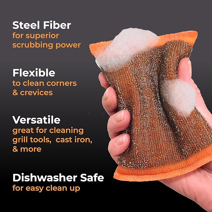 Heavy-Duty Steel Wool Scrubber Sponges 4 Pack – Stainless Steel Cleaning Pads for Dishes, Pots, Pans, Grills & Ovens – Durable Multi-Surface Kitchen Scrubbing Tools for Tough Grease & Burnt Food