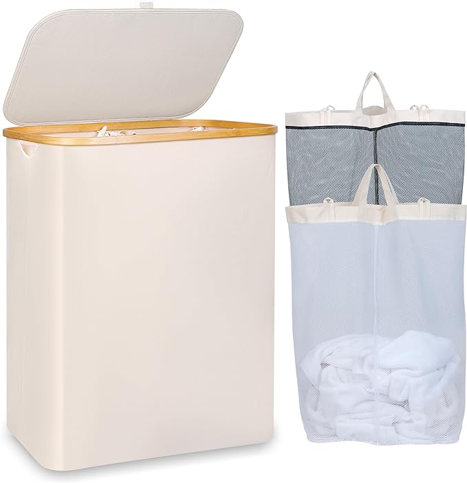 150L Laundry Basket with Lid, Large Laundry Hamper with Bamboo Handle, Collapsible Dirty Clothes Hamper Organizer with 2 Removable Inner Bags for Clothes Toys Towels - Beige
