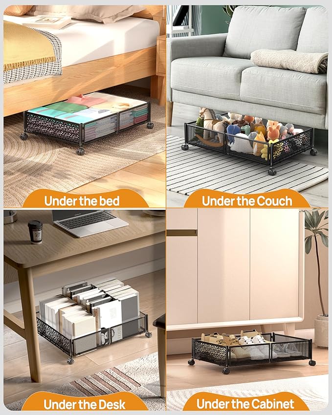 Under Bed Storage With Wheels, 2 Pack Foldable Pattern Carved Metal Under Bed Storage Containers, 60L Rolling Underbed Storage, Easy Assembly Under The Bed Storage for Shoes, Clothes, Blankets...