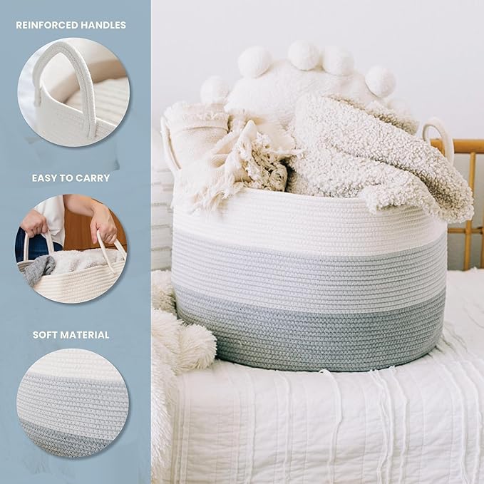 OrganiHaus Large Woven Storage Basket for Blankets and Toys 20" x 13" Inch, Rope Laundry Basket with Handles, Cushions & Pillows Storage Bin, Nursery Hamper, Soft Round Dog Toy Bin - Gray