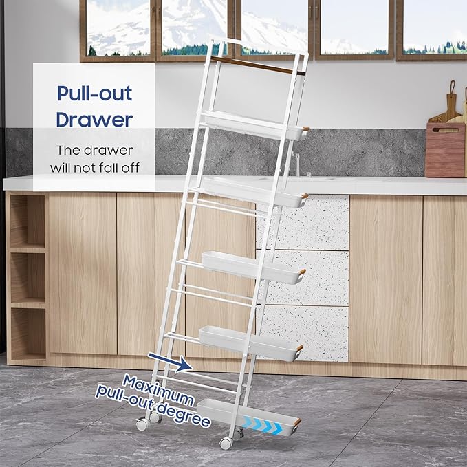 6 Tier Slim Storage Cart with Pull-Out Baskets Rolling Cart with Wheels Wood Top Narrow Utility Cart Metal Shelving Units for Pantry Laundry Room Bathroom Kitchen White 8in(W)