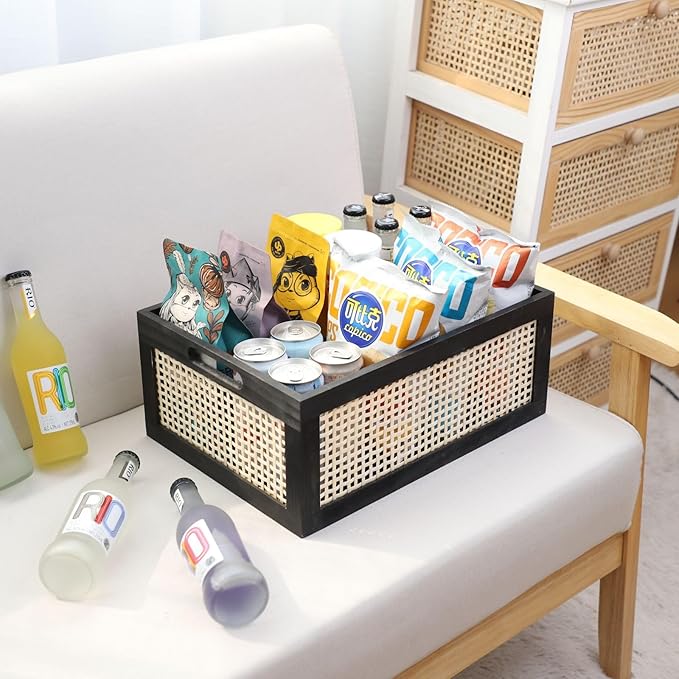 Wooden Frame Storage Basket, Decorative Organizer Crates Box with Built-in Handle,Natural Wire Wood Nesting Drawer Storage for Kitchen, Bathroom and Office Desktop-(15" Lx11 Wx6.3 H-Black)