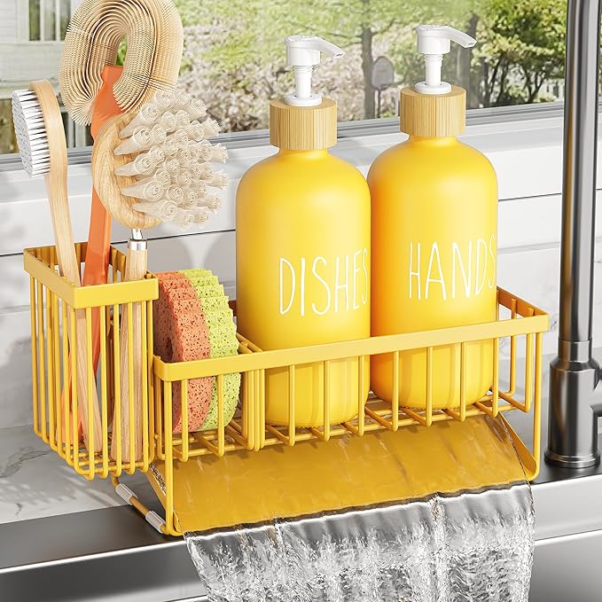 Cisily Yellow Dish Soap Dispenser Set, 16 fl Oz Dual Kitchen Soap Dispensers with Sponge Holder, Customized Stainless Steel Kitchen Soap Dispenser Set
