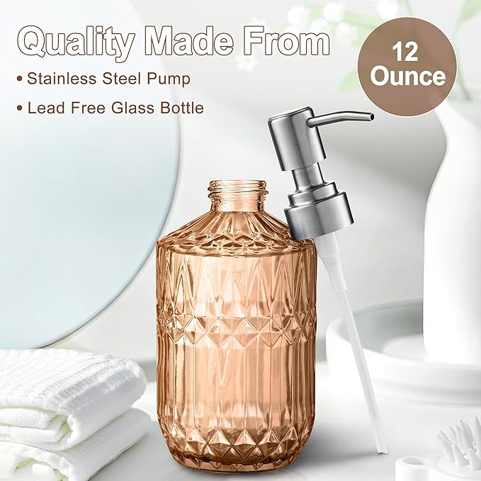 Kaishun 13 Oz Refillable Soap Dispenser, Glass Soap Dispenser for Dispense Hand Soap, Dish Soap, Lotion (Orange)