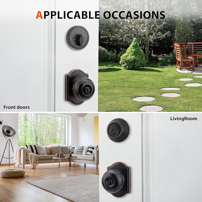 Haidms Exterior Deadbolt and Keyed Entry Bronze Door Knob Set, Keyed-Different Entry Front Door Knobs, Deadbolt Oil Rubbed Bronze Doorknob with Lock and Key(3 Pack)