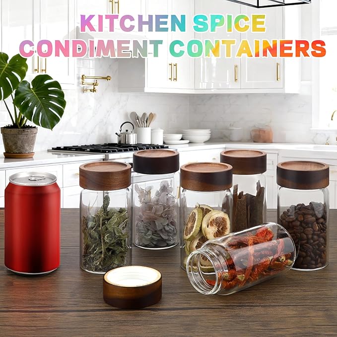 Patoper Glass Coffee Jars Spice Jar Round Storage Canister with Wooden Lid Clear Glass Food Jar for Pantry Sugar Tea Coffee Bean Spice Nuts Cookies Bath Salts (6×250ml(8.4oz))
