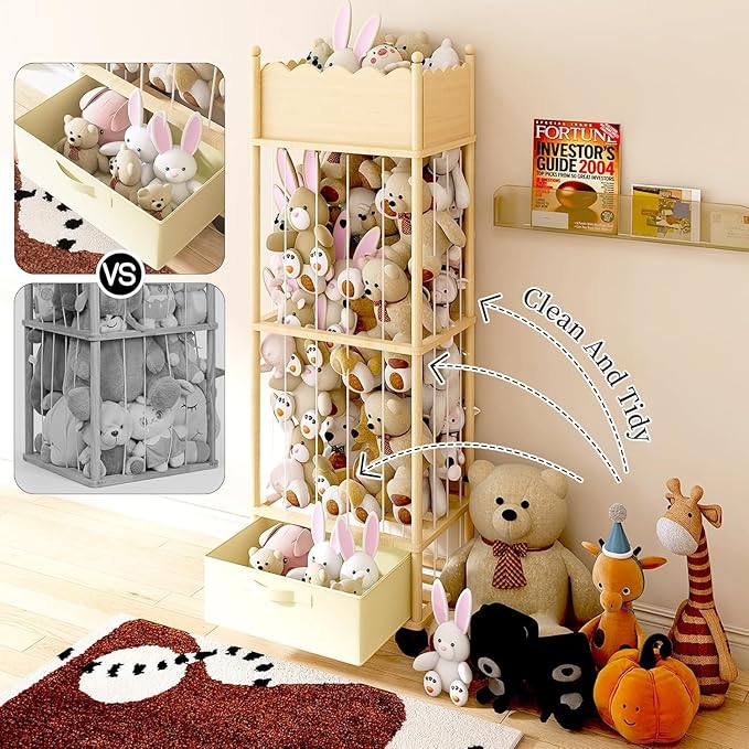 Wooden Stuffed Animal Storage Organizer with Wheels & Drawer – 3-Tier Plush Toy Zoo Holder for Kids Room, Nursery & Playroom – Safe Solid Wood, Elastic Rope Design, Smooth Wave Edge
