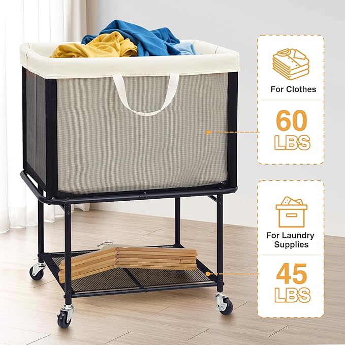 STO STO Rolling Laundry Hamper with Lockable Wheels, 29-Gallon (110L) Laundry Cart with Removable Canvas Bag, 2-Tier Clothes Basket Hamper with Shelf for Closet, Bedroom, Bathroom, Laundry Room