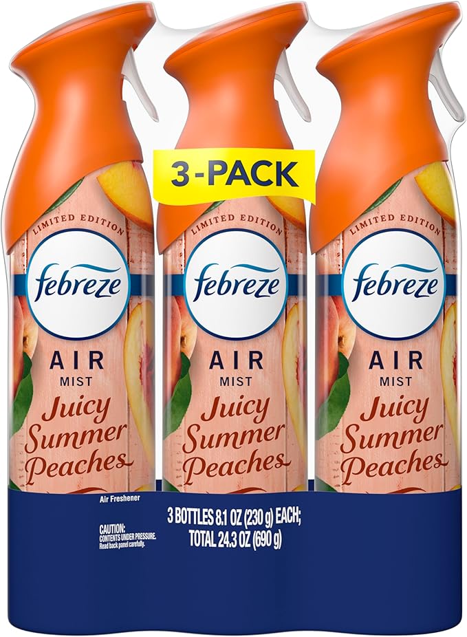 Febreze Air Mist, Air Freshener Spray, Odor Fighting Room Spray, Deodorizer for Home Bathroom Kitchen Office Apartment Dorm Room Classroom, Juicy Summer Peaches Scent, 8.1oz (Pack of 3)