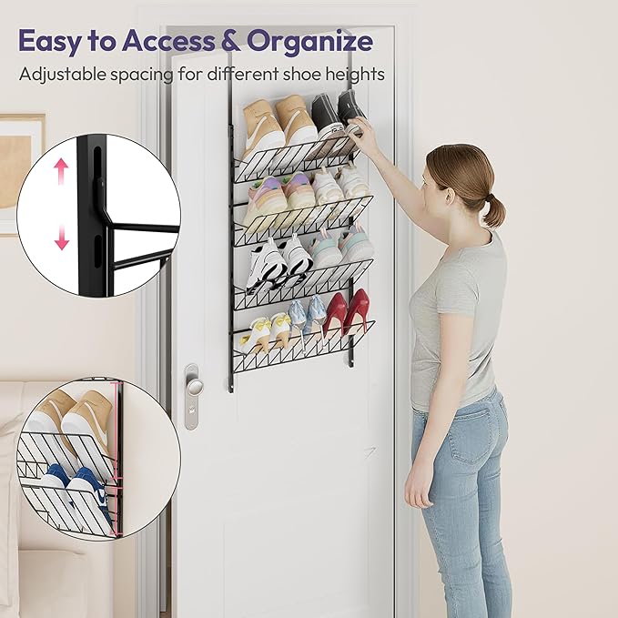 SWTYMIKI Over The Door Shoe Organizer - Adjustable 4 Tier Hanging Shoe Rack Organizer, Metal Heavy Duty Behind Door Storage or Wall Mount Shoes Shelf for Flats, Heels, Sneakers, Boots