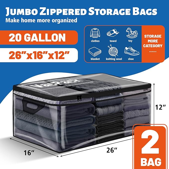Jumbo Storage Bags Flexible Totes for Clothes, 20 Gallon Extra Large Zipper Bags for Storage (20 Gal-2 pack)
