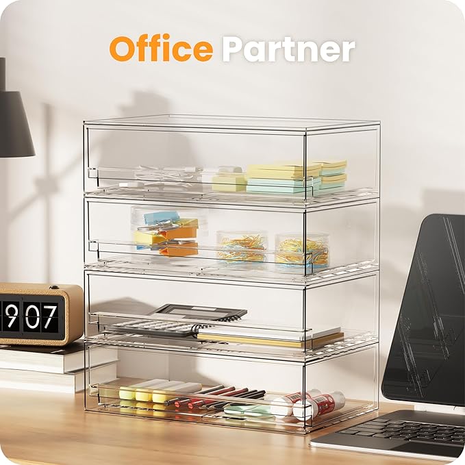 A-LuGei 【𝟰𝗣𝗖𝗦】 Acrylic Stackable Storage Drawers, 11.8" W Makeup Organizer, Bathroom Organizer and Storage, Plastic Storage Bins for Kitchen Cabinet Pantry Medicine Fridge
