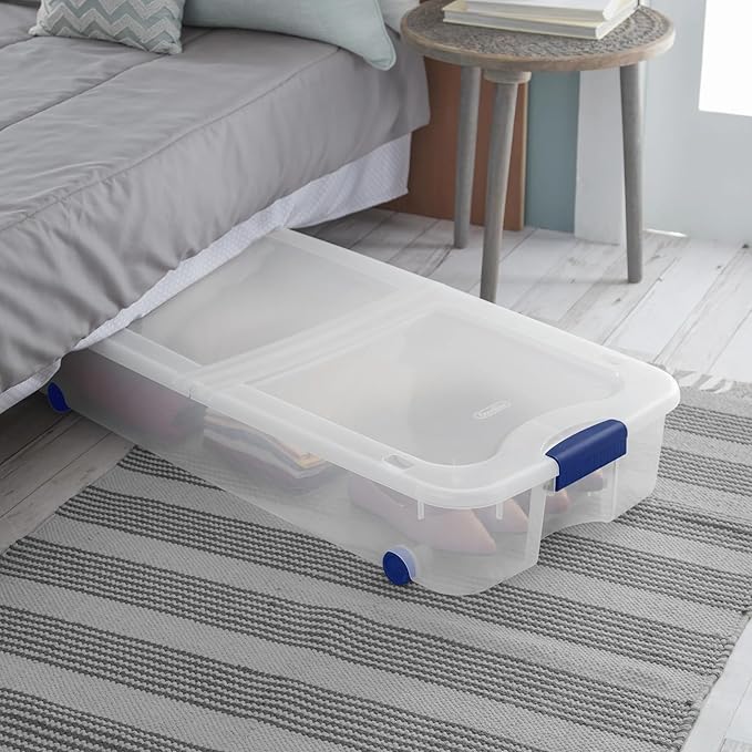 Blue 66-Quart Clear Underbed Storage Bin with Wheels & Latch Lid, Multi-Use Large Under-Bed Organizer