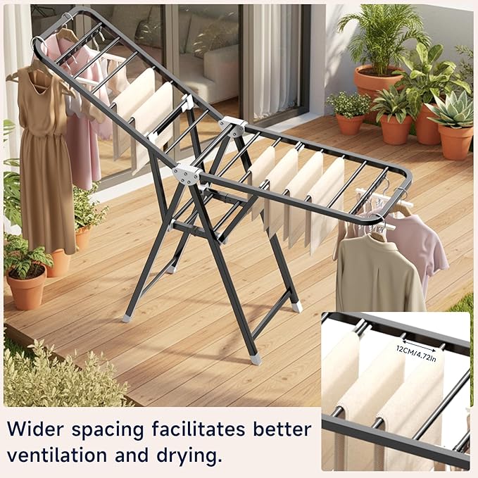 MIKEE Clothes Drying Rack,Foldable Laundry Drying Rack for Indoor & Outdoor Use，with Height-Adjustable Wings，2-Tier Clothes Rack with Windproof Hanging Holes and Wheels，132 lb