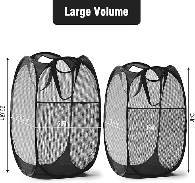 TECHMILLY Upgraded 105L Collapsible Mesh Pop Up Laundry Hamper with Sturdy Handles and Side Pocket - Portable Foldable Clothes Baskets for Dorm, Bathroom & Travel Storage (Black Plus，3 Packs)