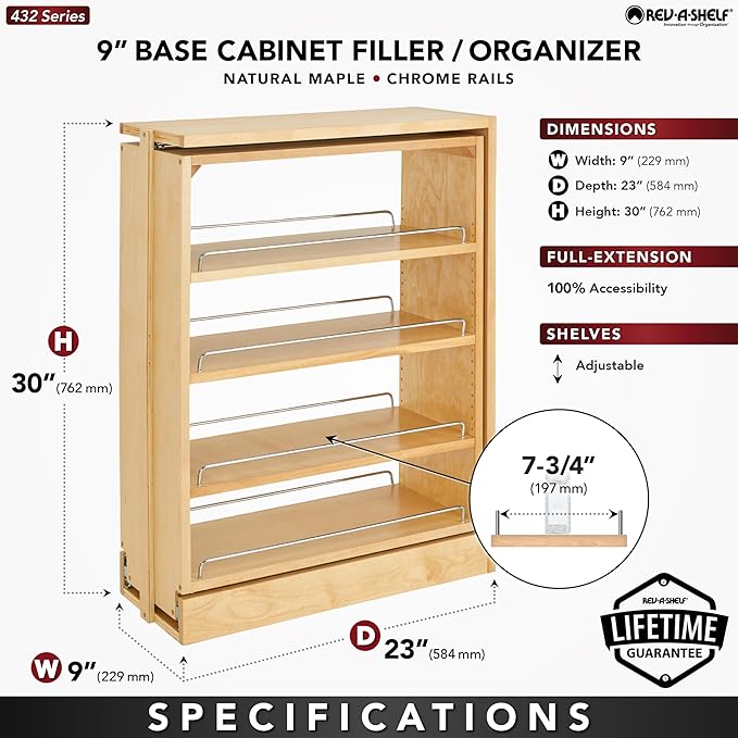 Rev-A-Shelf Pullout Shelf Organizer for Base Kitchen or Bathroom Cabinets, Wood Filler Pantry Storage or Spice Rack, Maple, 9" x 23" x 30", 432-BF-9C