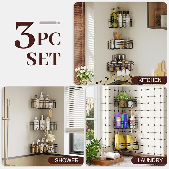 Black corner shower caddy with depth caddy and Built in 12 hooks rustproof wall mounted No drilling No marring adhesive bathtub corner storage for bathroom kitchen and laudry room