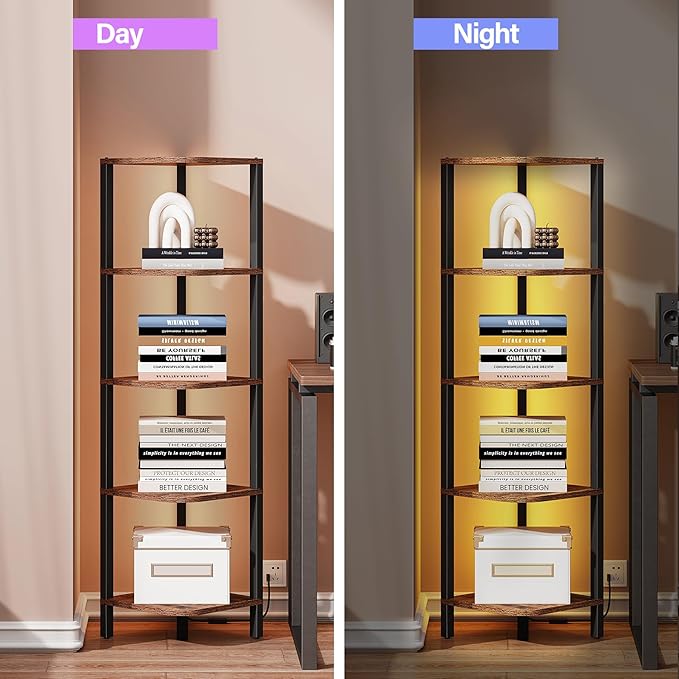 TUTOTAK Corner Shelf with LED Light, 5-Tier Corner Bookshelf for Small Space, Narrow Display Corner Shelf Stand with Storage Rack, for Living Room, Bedroom, Rustic Brown BS08BB005L