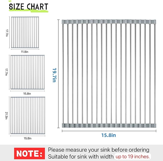Roll Up Dish Drying Rack, 19.7" x 15.8" Over The Sink Dish Drying Rack, Kitchen Dish Rack Foldable Dish Drainer, Stainless Steel Dish Drying Rack for Kitchen Sink Counter Storage (Grey)