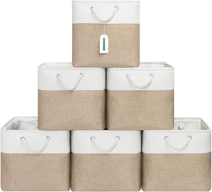 13x13 Inch Cube Storage Bins with Reinforced Bottom Cardboard, 6 Pack Large Foldable Fabric Storage Cubes with Handles for Shelf, Closet, Laundry Organization (White&Khaki)