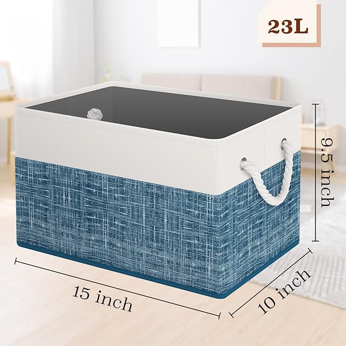 Storage Bin,Collapsible Storage Basket For Organizing,Large Storage Boxes With Rope Handles,Storage Containers,White & Blue,4 Pack